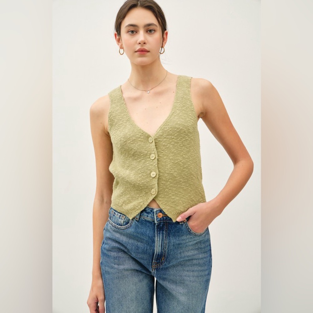 412B-SAGE. Button Front Cotton Slub Vest